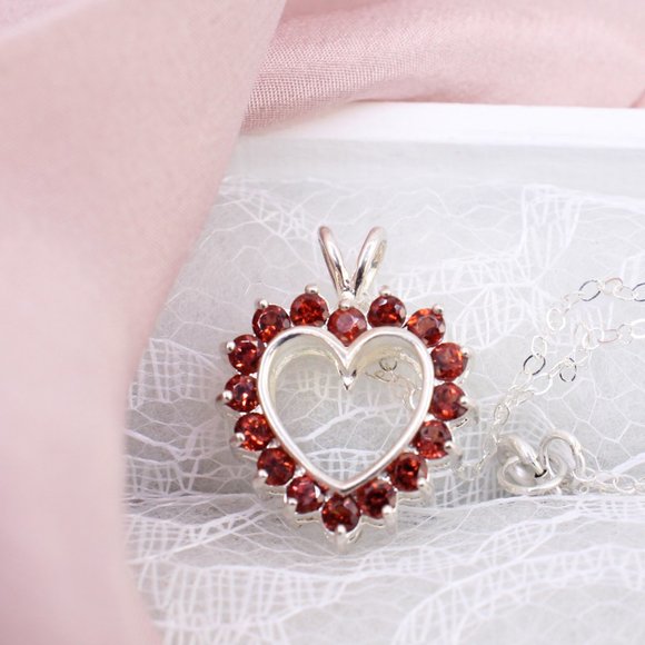 Red Rhinestone Heart Pendant Necklace Reversible Sterling Silver Clear Red 18" - Picture 4 of 9